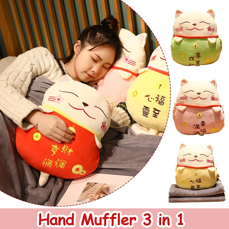 

Lucky Cat Plush Pillow+Carpet 2 In 1 Stuffed Maneki Neko Sleep Blanket Cushion Hand Warmer Cartoon Throw Pillow with Blanket