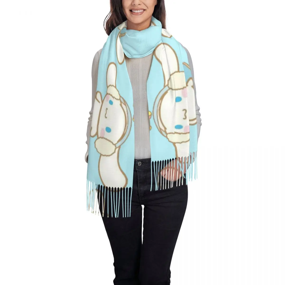 Custom Female Large Skating Cinnamoroll Scarves Women Winter Fall Thick Warm Tassel Shawl Wrap Scarf