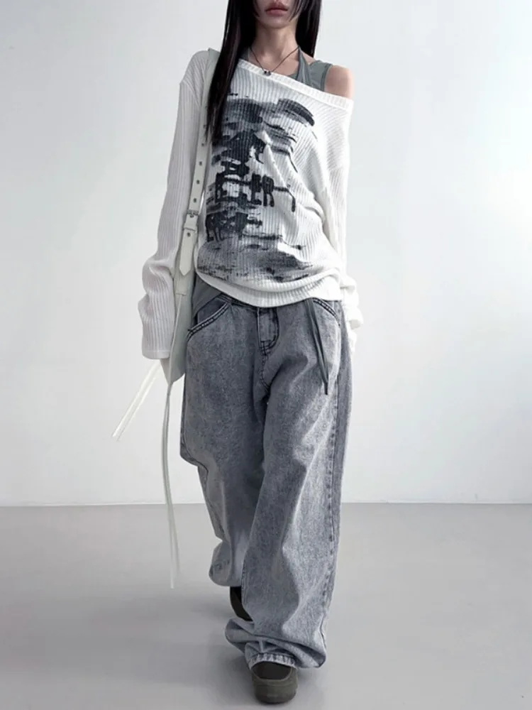 Autunno Harajuku donne stampa Tees Vintage Streetwear Grunge Skew collare top Y2k estetico allentato Casual Hiphop Vintage top