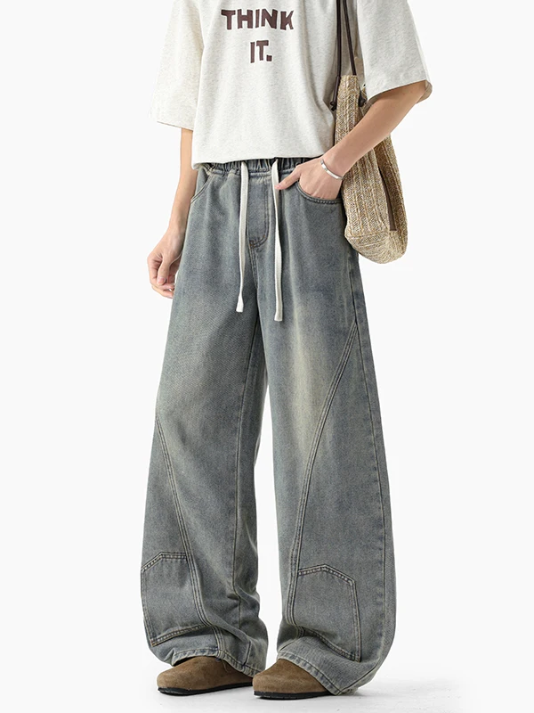 

American Style Loose Straight Leg Jeans Men's Spring Autumn Vintage Washed Retro Trendy Boys Jeans Cotton Polyester Blend