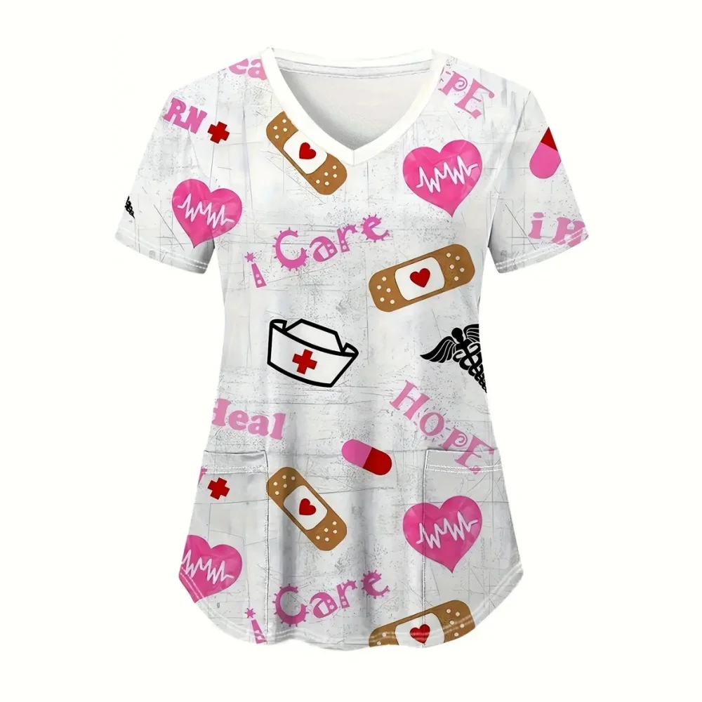 Clinical Uniform Woman Designer Cartoon Printing V-Neck Dental Scrubs Woman Summer Short Sleeves with Pockets Surgical Uniforms