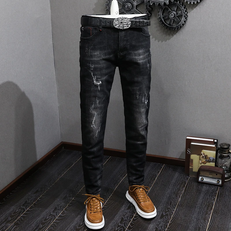 

JXN839 Slim small leg trousers men's tide elastic broken hole scraping black hundred men's trousers high goods