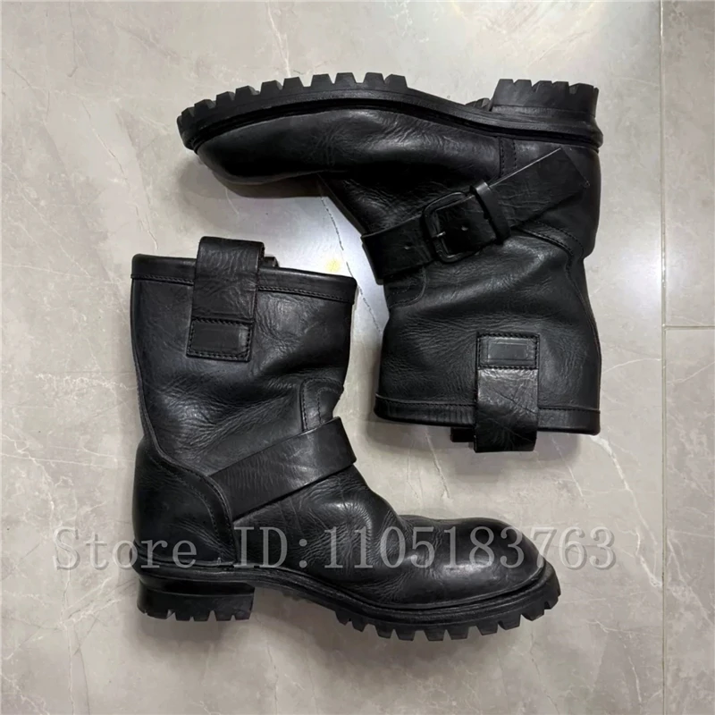 Men Black Vintage Motorcycle Boots- Adjustable Buckle Strap Non-Slip Chunky Sole Short Combat Booties for Street Style