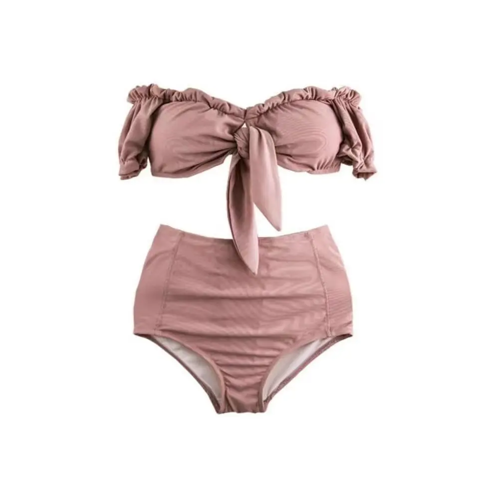 فتاة حلوة وحارة الوردي فقاعة الأكمام تعادل القوس ملابس السباحة عطلة نمط فتاة حار عالية الخصر بيكيني قطعتين ملابس السباحة مجموعة #6