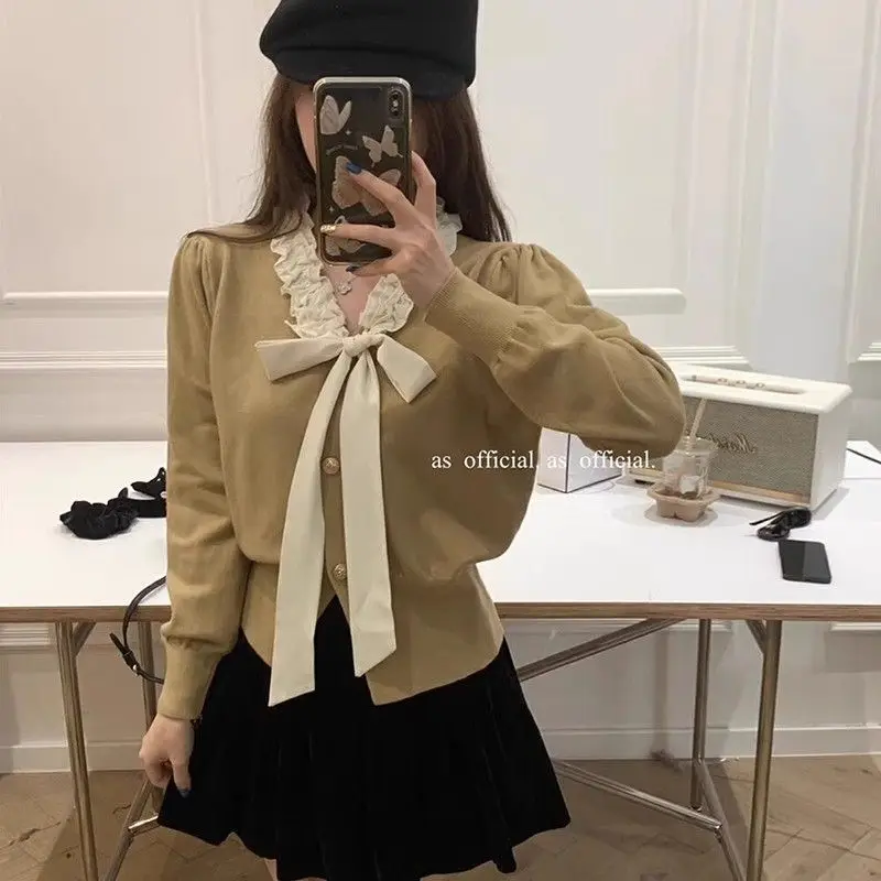 New Korean Version Slim Fit Mushroom Edge Tied Bow Elegant and Slimming Versatile High-end Knitted Cardigan