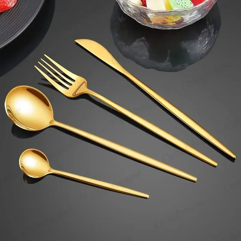 24pcs Stainless Steel Steak Knife Fork Coffee Spoon Gold Dinnerware Set Teaspoon Flatware Dishwasher Safe Kitchen صحون كوريه