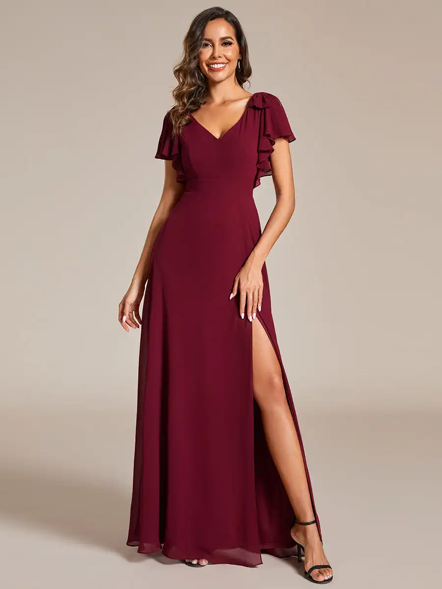 baziiingaaa-party-dress-split-ruffles-sleeves-with-bowknot-v-neck-chiffon-bridesmaid-dress-evening-dress-﻿