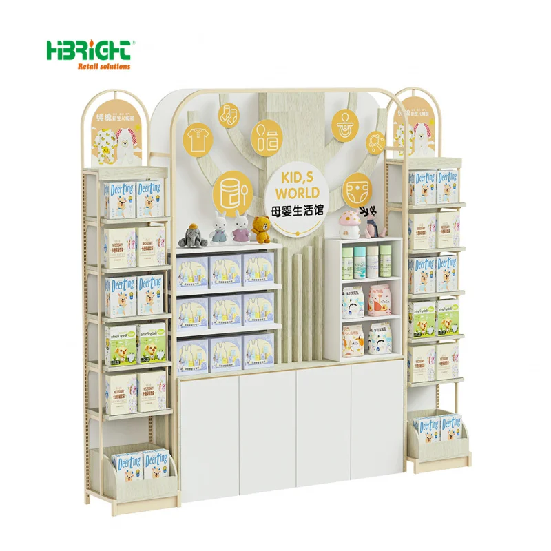 custom.Double-Sided Gondola Stands Stylish Wooden Slatwall Displays Store Interior Design Heavy Duty Metallic Iron Mate
