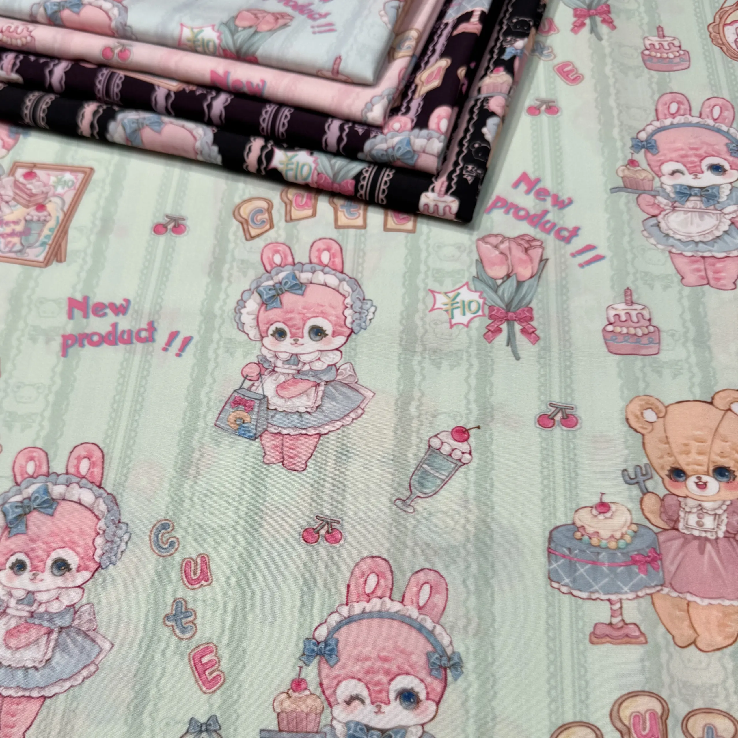 Two-Way Placement Print Fabric “Bunny Dessert Parlor” - For Lolita JSK Children‘s Dresses & BJD Doll Clothing,1meters