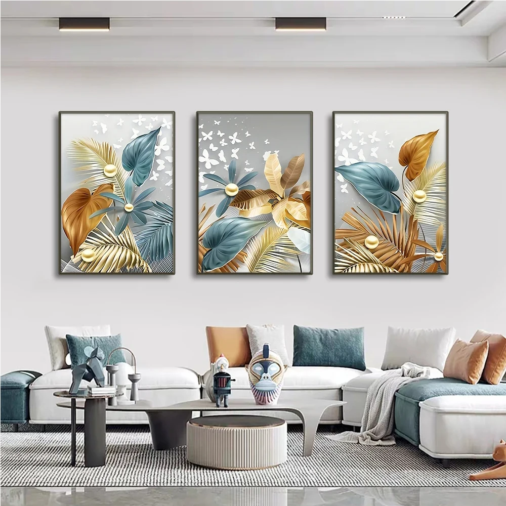 3pcs Modern Golden Butterfly Leaves Wall Art 5D Diy Diamond Painting Mosaic Kit Full Rhinestones Embroidery Home Decor