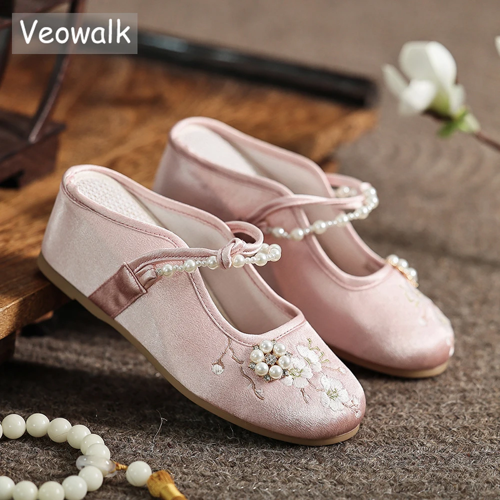 Veowalk 7cm Wedge Summer Stain Women Embroidered Flat Mules Slippers Breathable Comfortable Walking Shoes for Elegant Lady