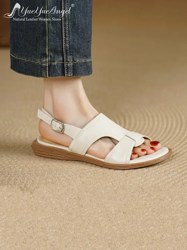 

Leisure Women Open Toe Buckle Genuine Leather Solid Color Breathable Roman Style Footwear Fashion Comfortable Sandals Flat Shoes