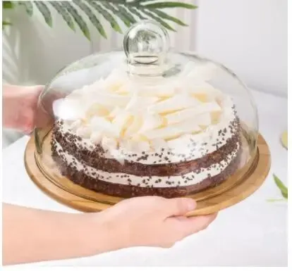

1 комплект тарелок для кондитерских изделий, удобный поднос для закусок со стеклянной крышкой, пылезащитная еда для торта, бамбуковая древесина