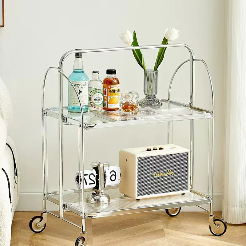 Foldable Mobile Cart Transparent Glass Cart Living Room Sofa Side Table Simple Lightweigh Modern Luxurious Wind Storage Rack.