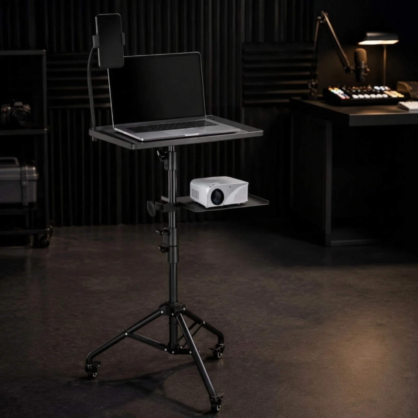 Tripod Equipment Stand with Phone Holder Multipurpose Mobile Workstation Stand with Caster Wheels Stable Non-Slip for Presenters