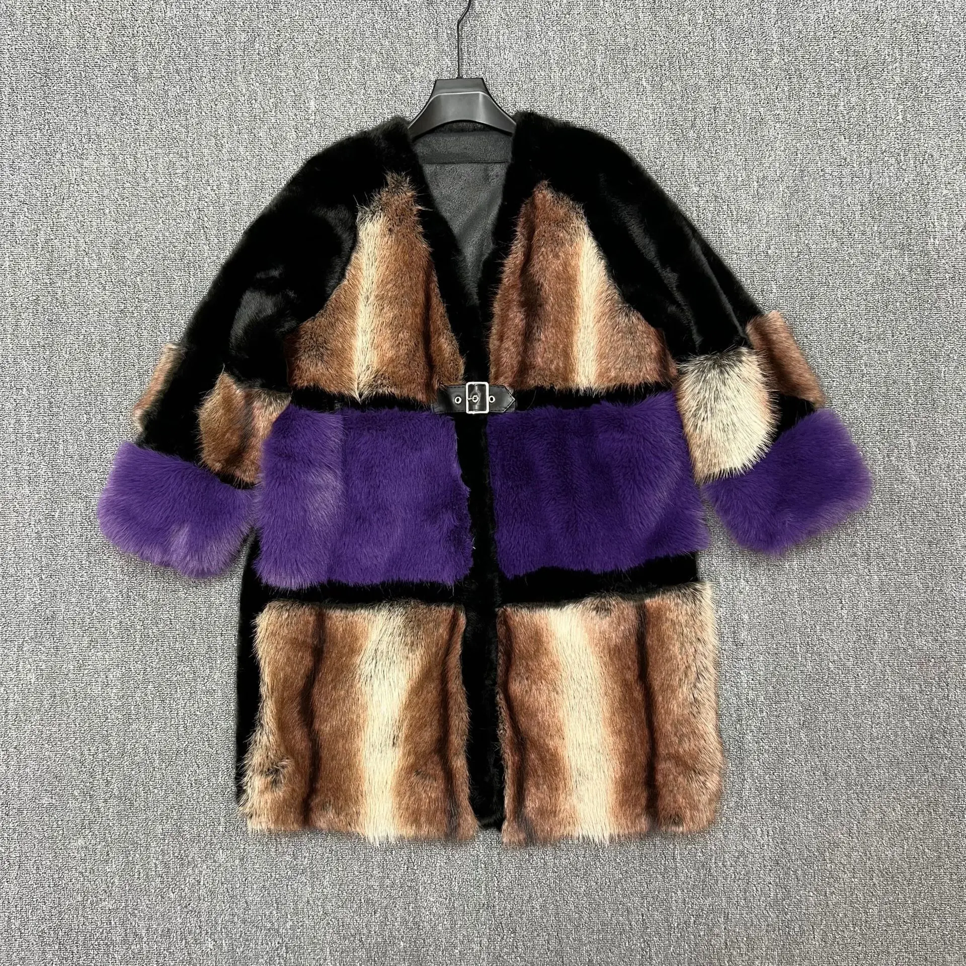 2025 Autumn Winter New Fashion Color-Block Long Thickened Faux Fur One-Piece Mink Fur Women's Faux Fur Coat V Neck