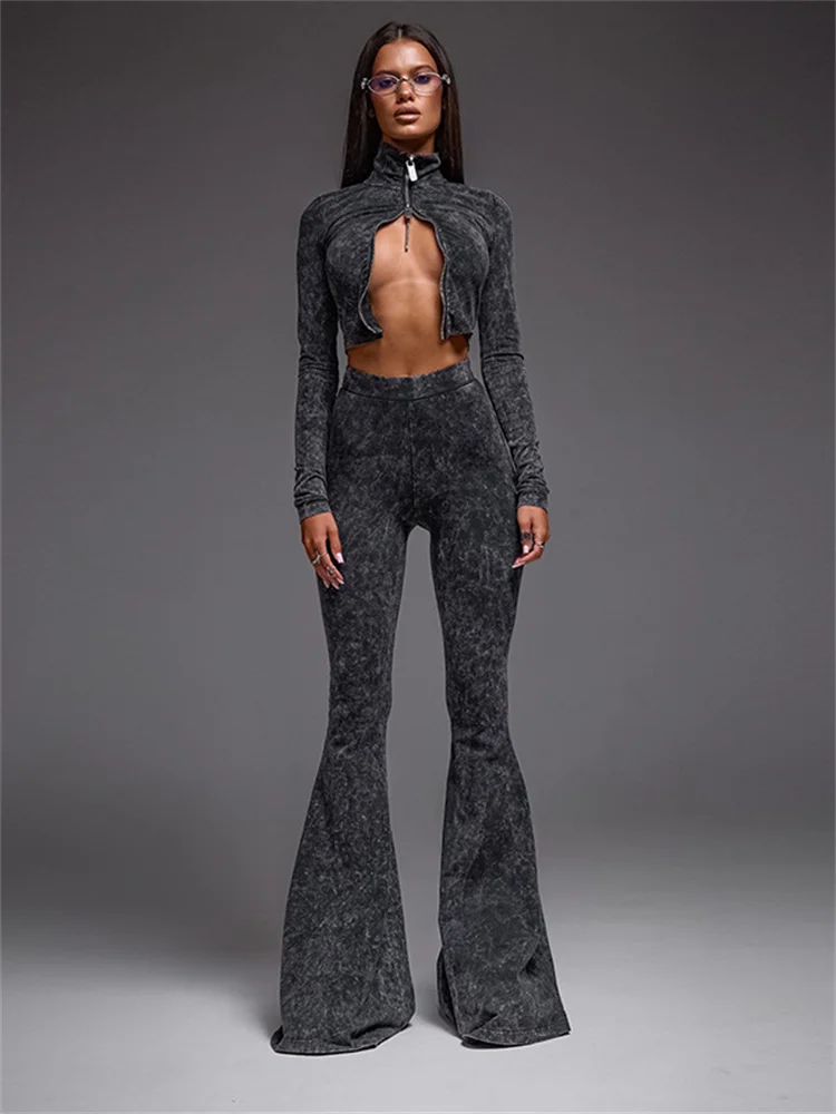 

Weird Puss Sexy Fashion 2 Piece Set Women Zip Cardigan Crop Tops+Skinny Straight Flared Pants Hot Girls Street Hipster Outfits