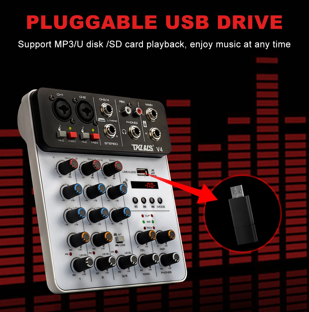 TKL 4 Channels Audio Mixer Bluetooth USB Record Computer 48V Phantom Power Delay Repaeat Effect Sound Mixing Console