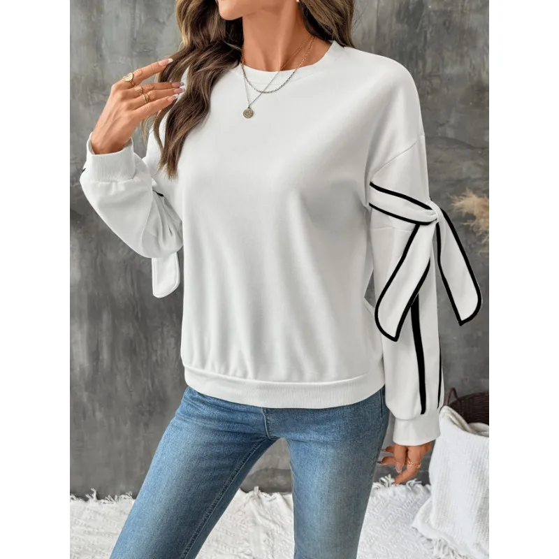 Autumn New Contrast Color Three-dimensional Bow Round Neck Long-sleeved Pullover Sweatshirt