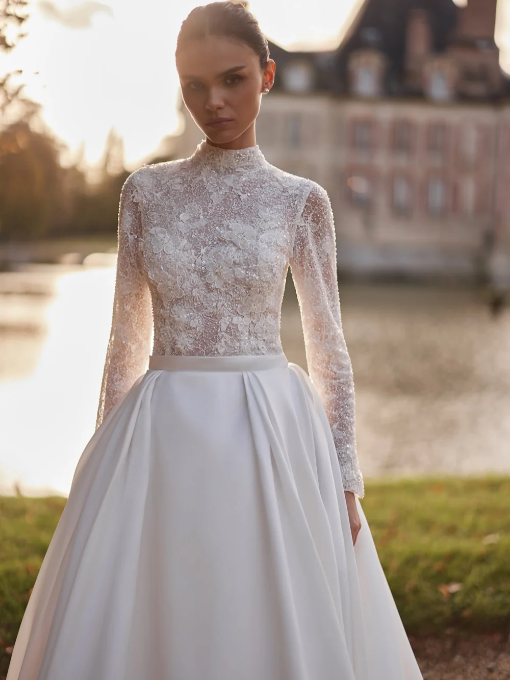 Handmade 3D Floral Beaded Wedding Dress Modest High Collar Long Sleeve Bridal Gown Customized Satin A-line Dresses For Bride