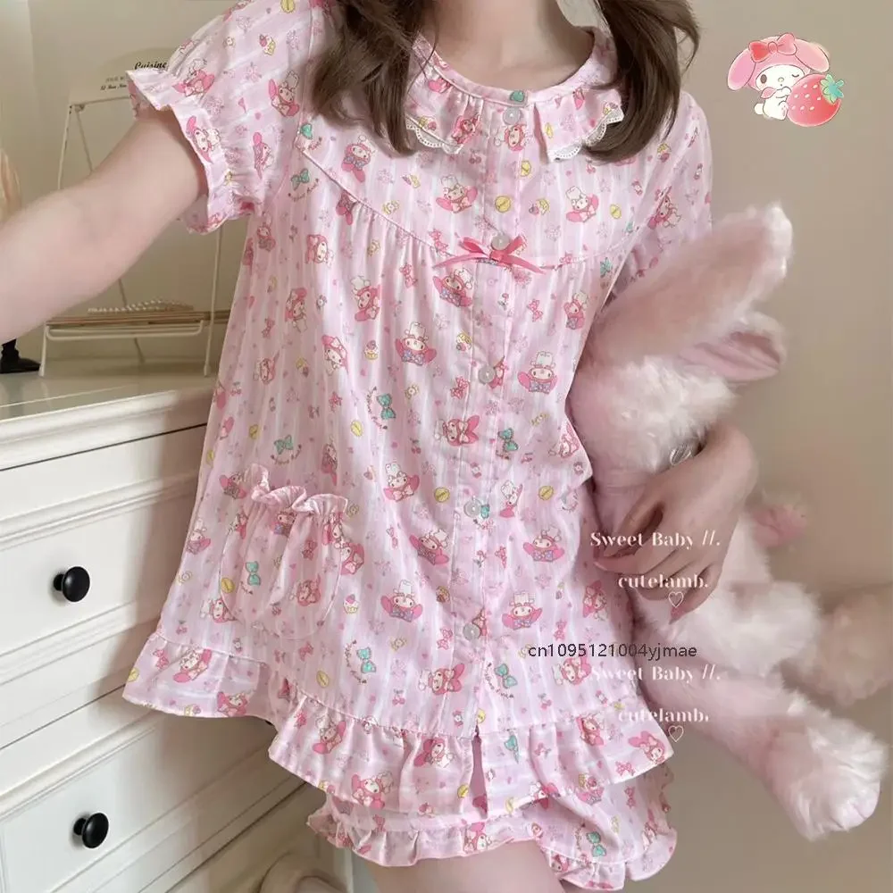 

2Pcs Sanrio My Melody Cute Pink Sweet Pajamas Suit Y2K Kt Cat Home Clothes Women Short Sleeve Top Shirt Shorts Summer Sleepwear