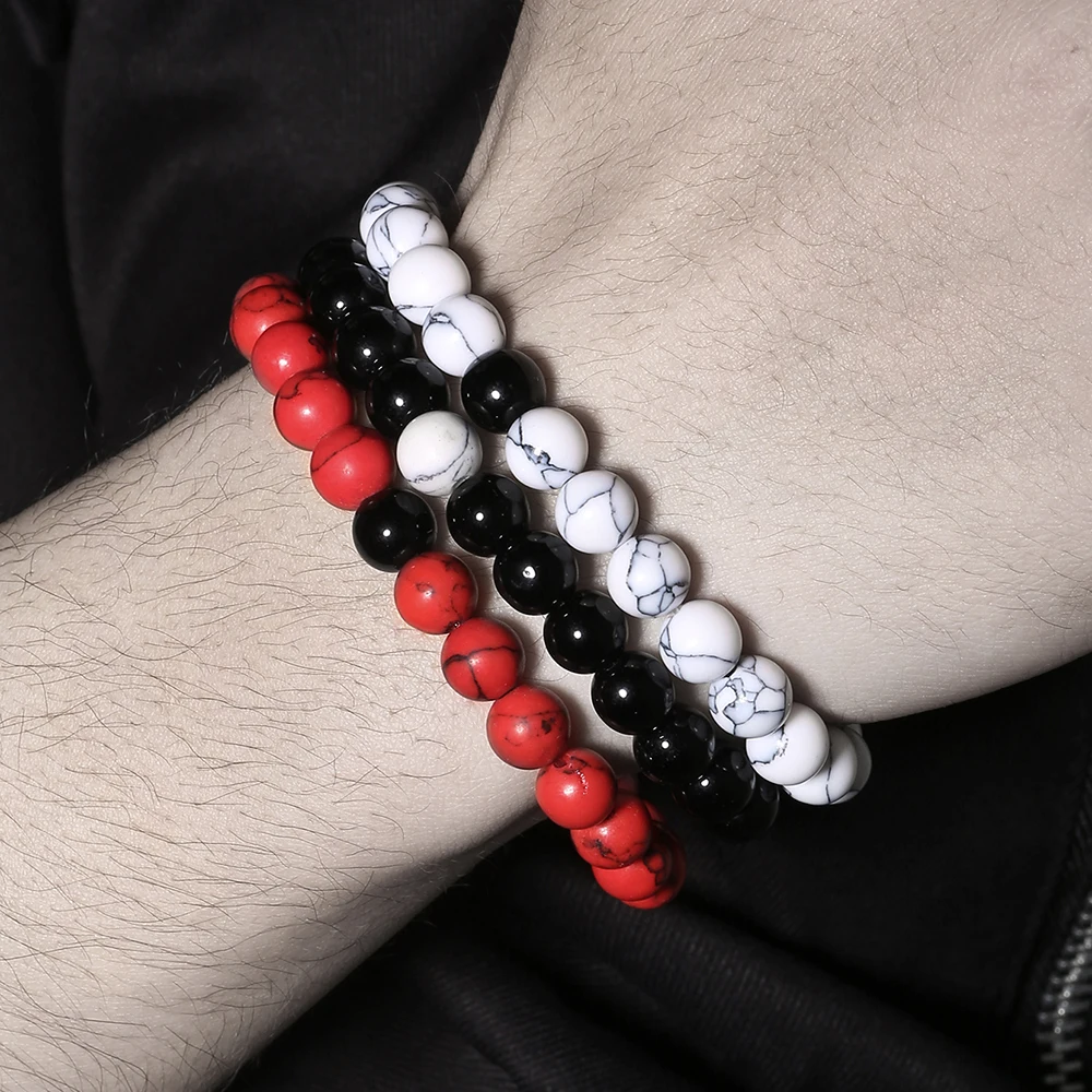 트렌디 화이트 레드 터키석 블랙 프로스트 스톤 비즈 팔찌, 남성용 멀티 레이어 멋진 수제 손목 쥬얼리, 로트당 3 개