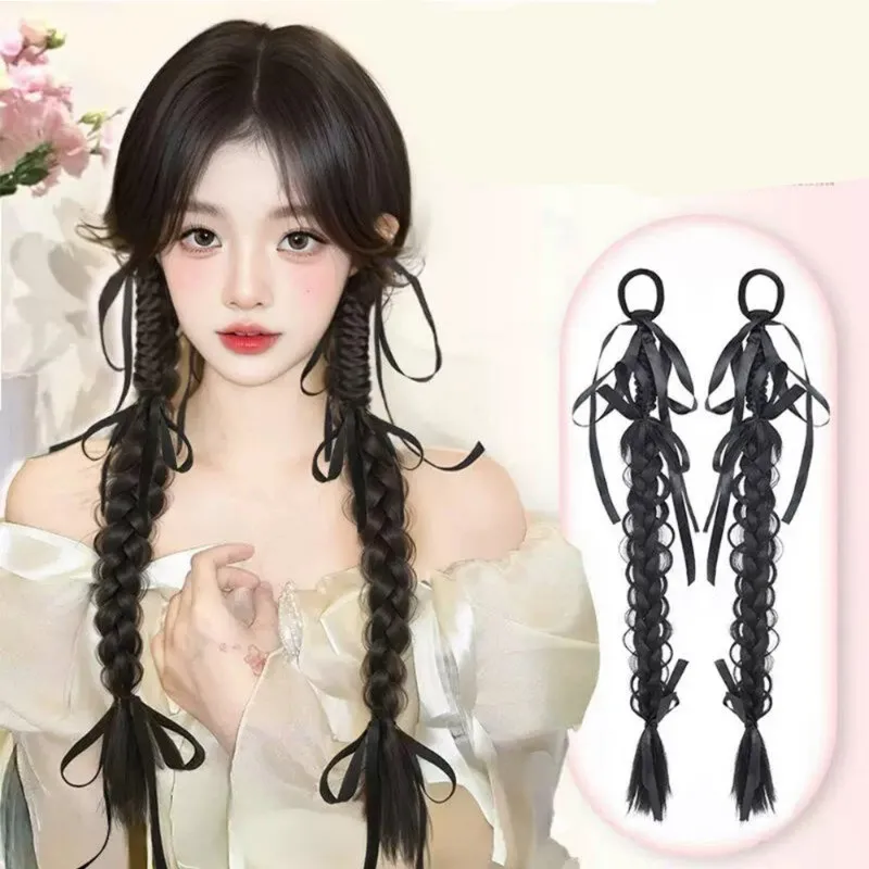 Sweet Bow Synthetic Double Ponytail Braids Wig New Chinese Style Girl Boxing Braids Wig