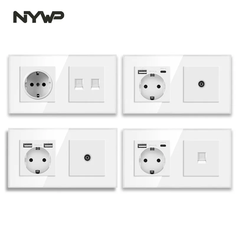 NYWP - European Union standard wall socket, television and telephone, tempered glass, RJ45 Cat6 wall connector, computer Interne