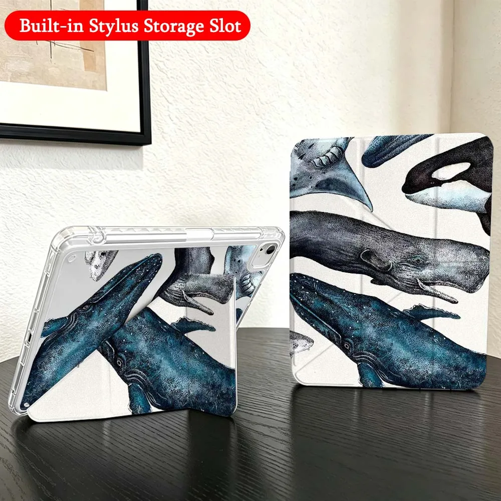 Blue Whale Art For iPad Mini Pro Air 5 6 7 8 9 10th 11th 11 9.7 10.9 13 inch Transparent Y-Shaped Folding Tablet Case