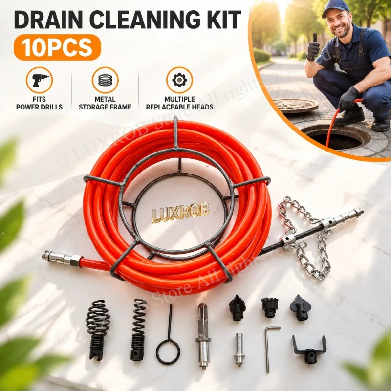 10Pcs Drain Cleaning Kit, Drain Auger with Drill Adapter, Reinforced Solid Shaft PU Hose Pipe Dredge Tool for Sewer Clog Removal