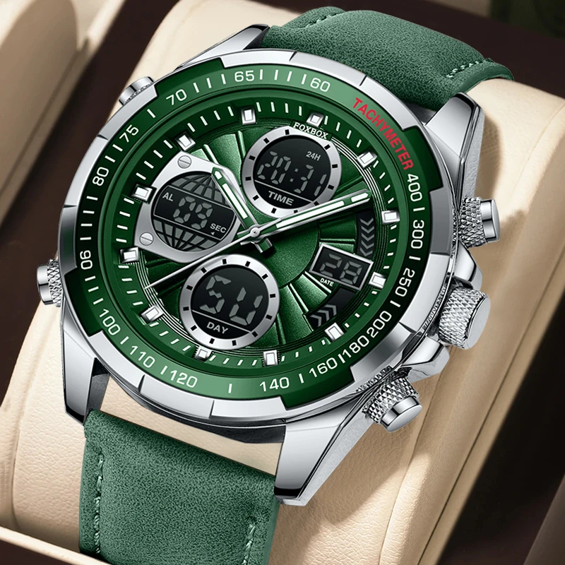 FOXBOX Top Brand Luxury Men Watch Fashion LED Alarm Quartz Wristwatches for Men Leather Waterproof Luminous Watch Reloj Hombre