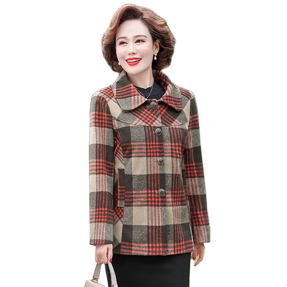 

Middle-aged Mother Autumn Short Coat 2024 Middle-aged And Elderly Women's Autumn And Winter Fashion Loose Plaid Coat Women 5XL.