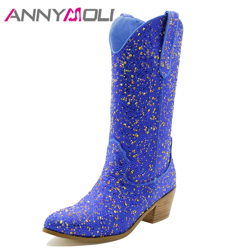 

ANNYMOLI Women Mid Calf Sparkly Boots Round Toe Thick Mid Heels Crystal Western Cowgirl Boot Ladies Fashion Shoes Winter Blue 44