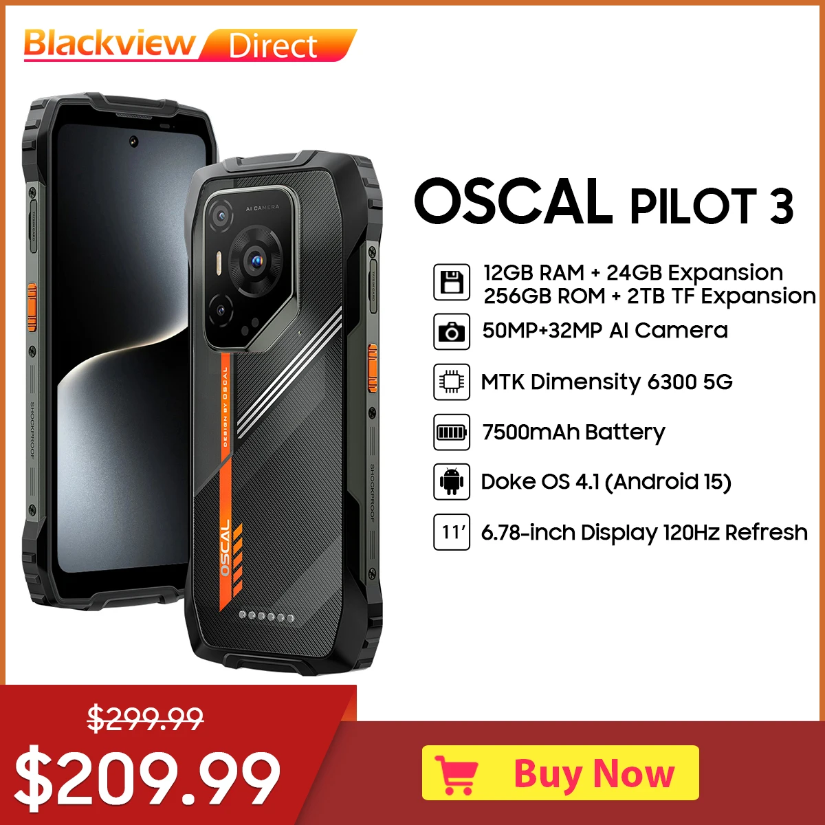 Прочный смартфон Blackview OSCAL PILOT 3 5G AI MTK 6300, мобильные телефоны Android15, дисплей 6,78 дюйма 2,4K, 12 ГБ ОЗУ, 256 ГБ ПЗУ, 7500 Ач Прочный смартфон Blackview OSCAL PILOT 3 5G AI MTK 6300, мобильные телефоны Android15, дисплей 6,78 дюйма 2,4K, 12 ГБ ОЗУ, 256 ГБ ПЗУ, 7500 Ач