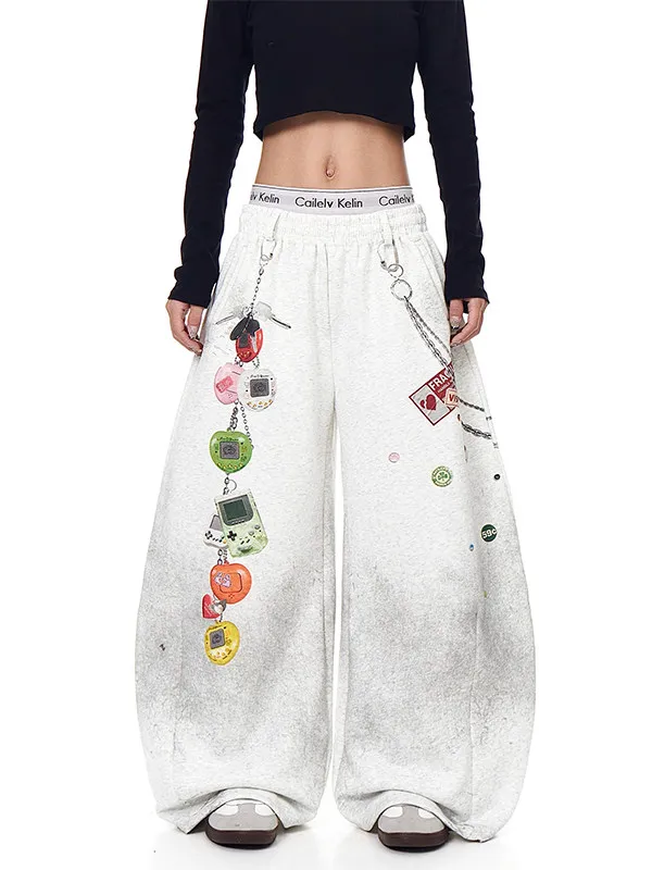 

American Retro Streetwear Printed Dirtied Wide Leg Sweatpants Men's Cleanfit Hip Hop Casual Trousers for Couples