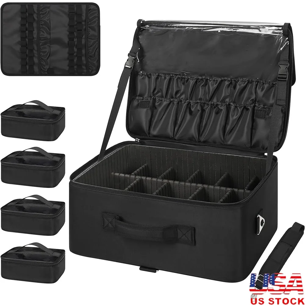 

Extra Large Makeup Case Cosmetic Storage Organizer Brush Holder with Clear Bags Lipstick Plate Travel Makeup Artist Bag