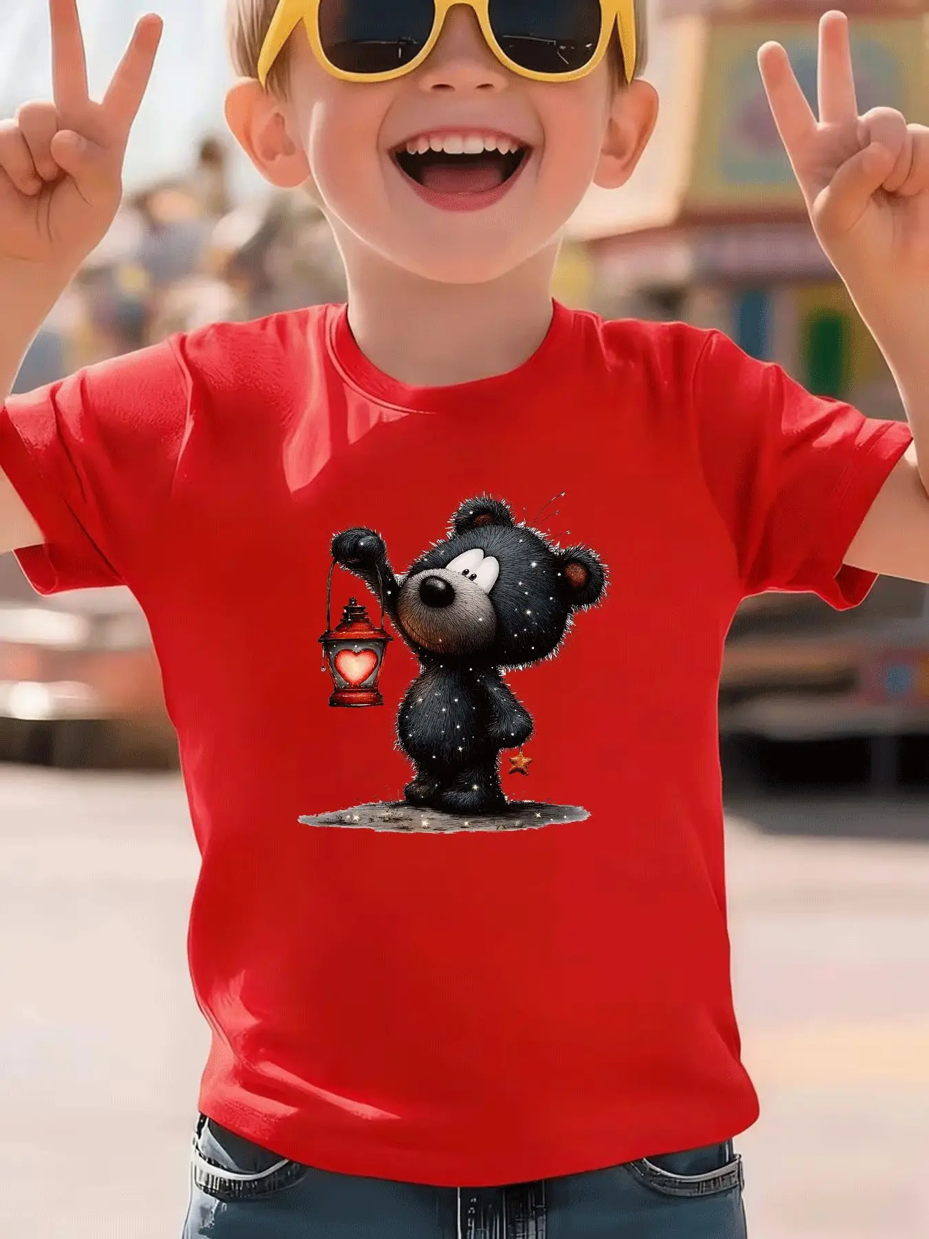 Children's Casual T-shirt Casual Trend Cute Cartoon Bear Love Lantern Star Pattern Daily Street Style Parent-child Outfit