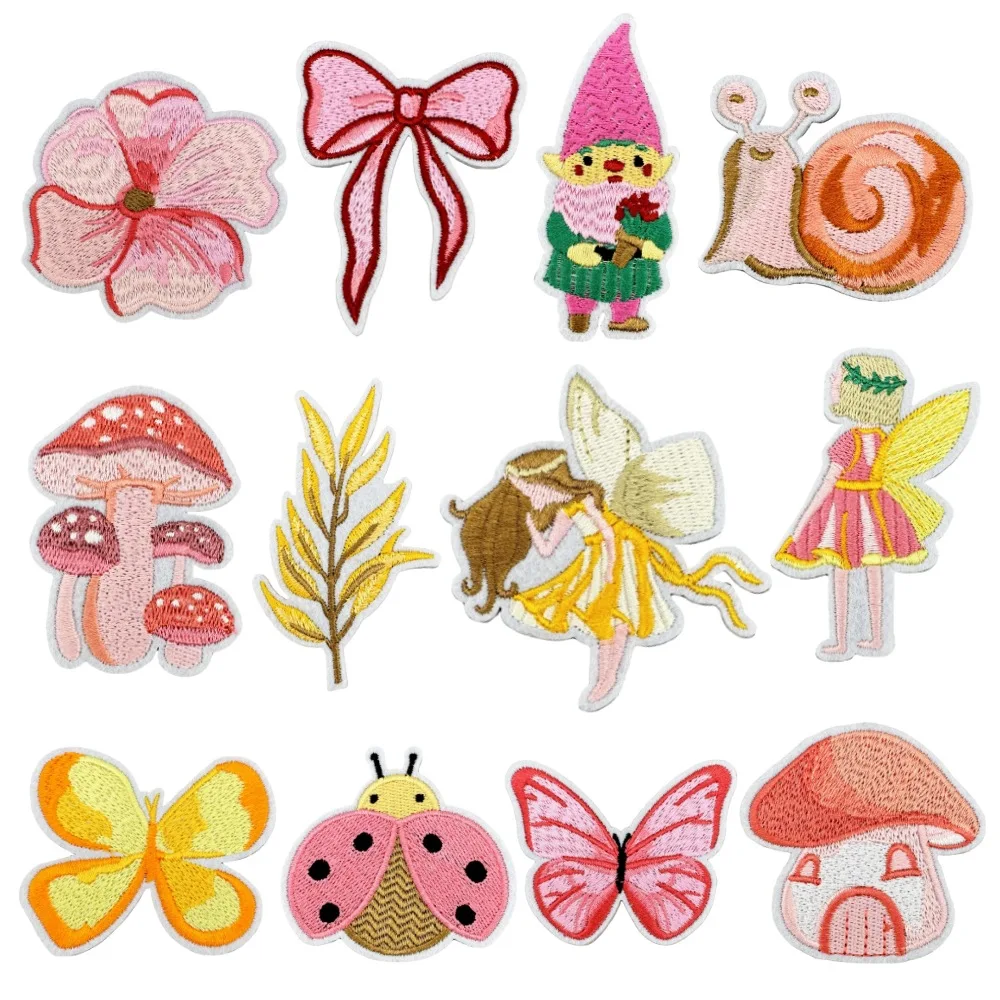 1 piece Cartoon Flower Bow Snail Mushroom Angel Butterfly Patches Iron On Cute Fabric Appliques DIY Sewing Badge Garments Decors