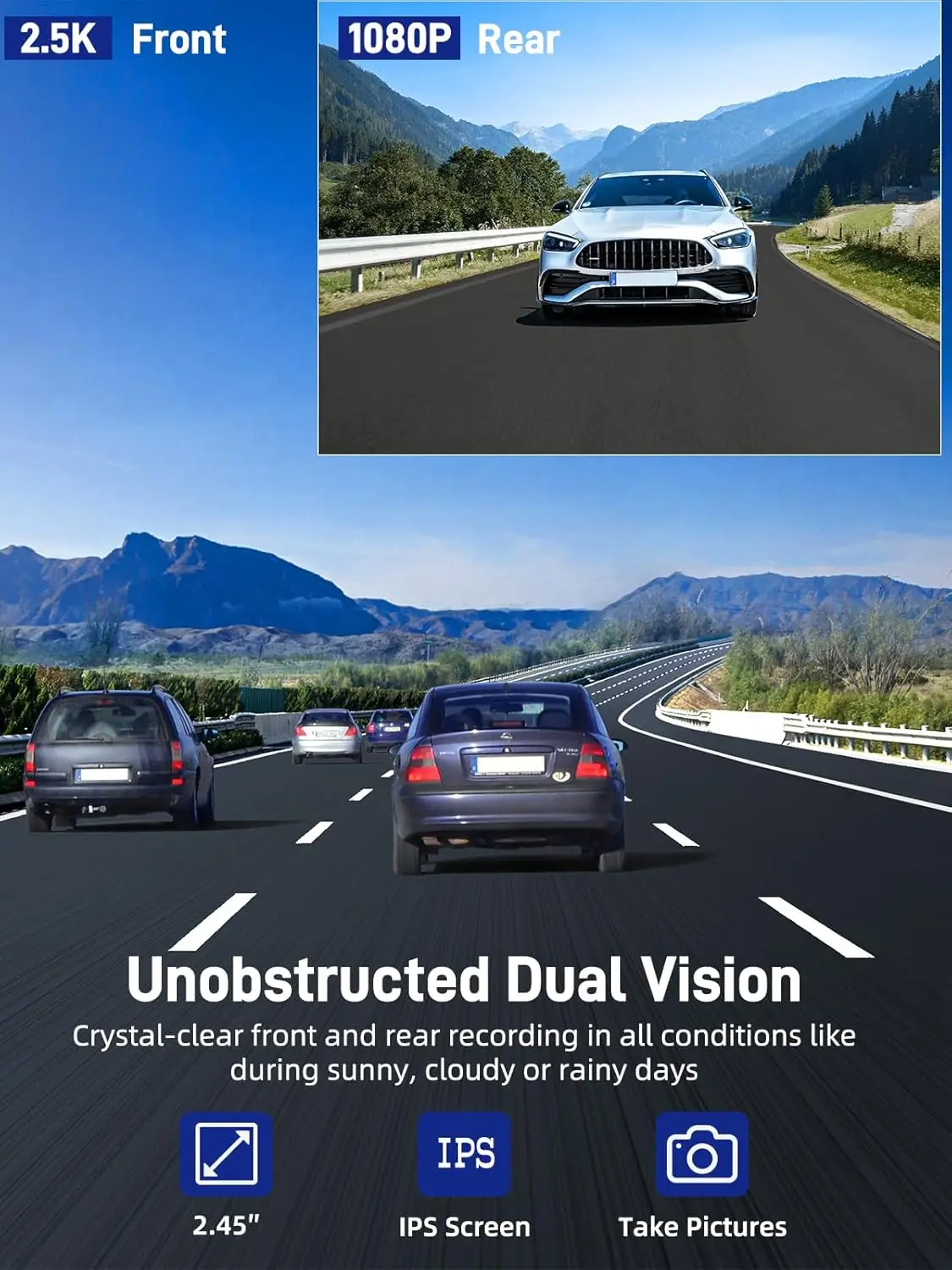 Kamera samochodowa 2.5K+1080P z kartą SD 32GB, ekranem IPS 2.45', noktowizorem, czujnikiem G, nagrywaniem w pętli, czarna