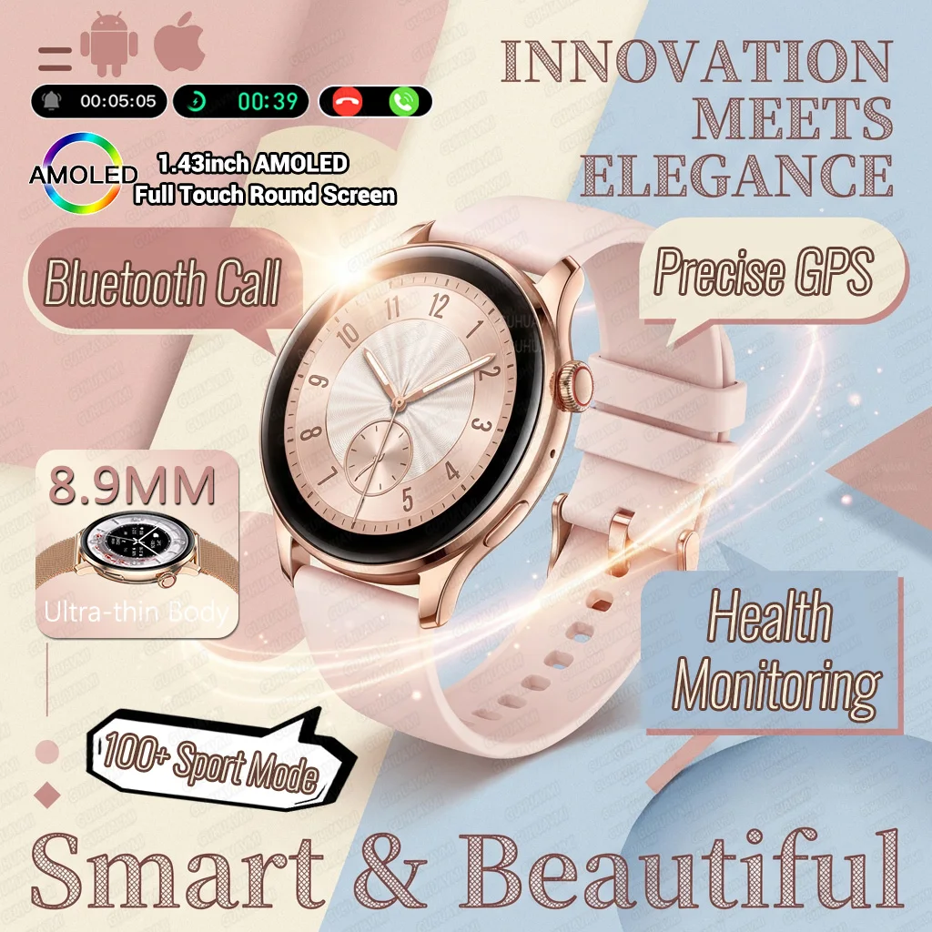 New Lady Fashion Luxury 1.43inch Smart Watch Women 8.9MM Ultra-thin GPS Heart Rate Bluetooth Call Waterproof Smartwatches Women
