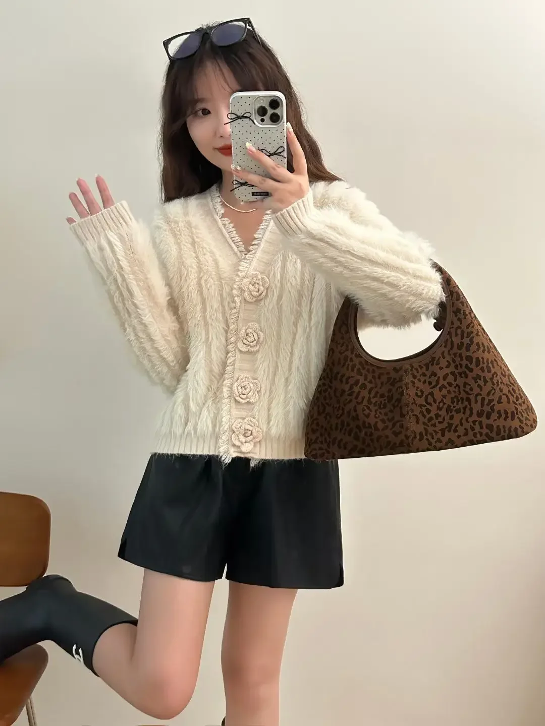 Gagaok Knitted Cardigan Women Imitation Mink Fur V-neck Sweater Coat Autumn Winter Korean Fashion Gentle Cardigans Jacket Top