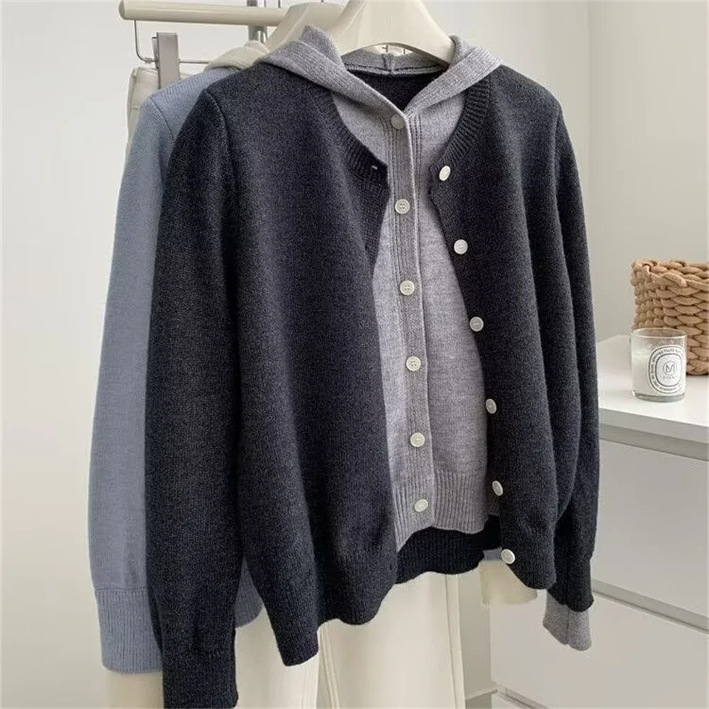 Korean Style Women's Clothing Fake Two Piece Hooded Knit Cardigan Women Autumn Winter Fashion Simple Sweater Coat Jackets Tops