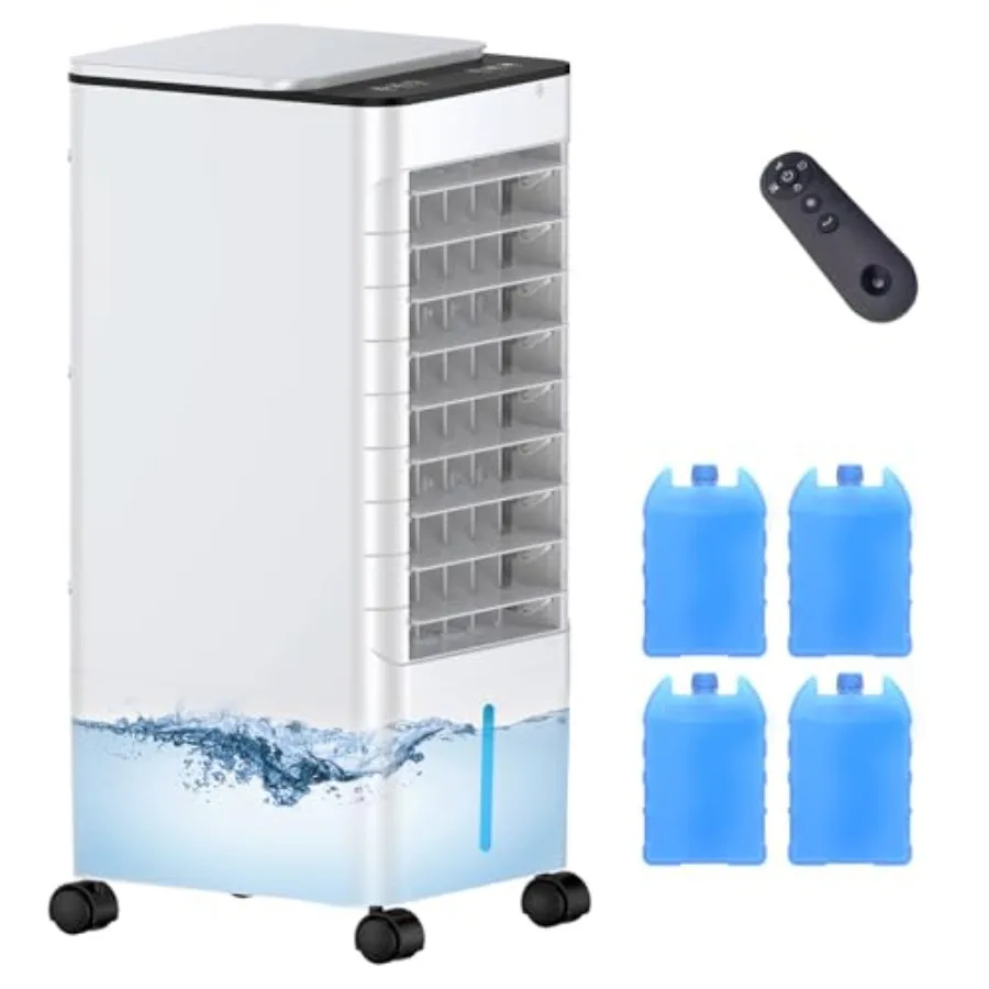 

Portable evaporative air cooler for indoor/outdoor/office/bedroom use, plastic housing, white, hoseless quiet design with 12H t