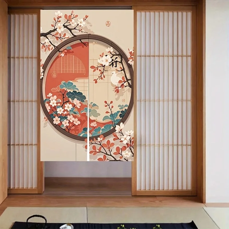 VIKAMA Japanese Ukiyo‑e Noren Door Curtain Cherry Blossom Bird Round Window Floral Print Fabric Home Partition Decor