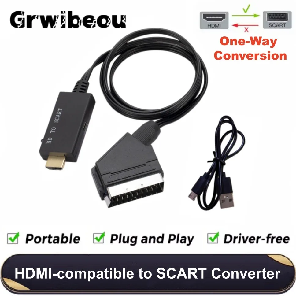 Grwibeou HDMI-compatible to SCART Converter Cable 1080P HD Audio Video Adapter with USB Power for HDTV DVD Projector PC