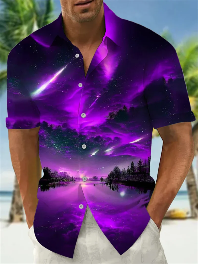3D printed punk purple starry sky pattern shirt Harajuku fashion hip-hop men's shirt Hawaiian lapel top