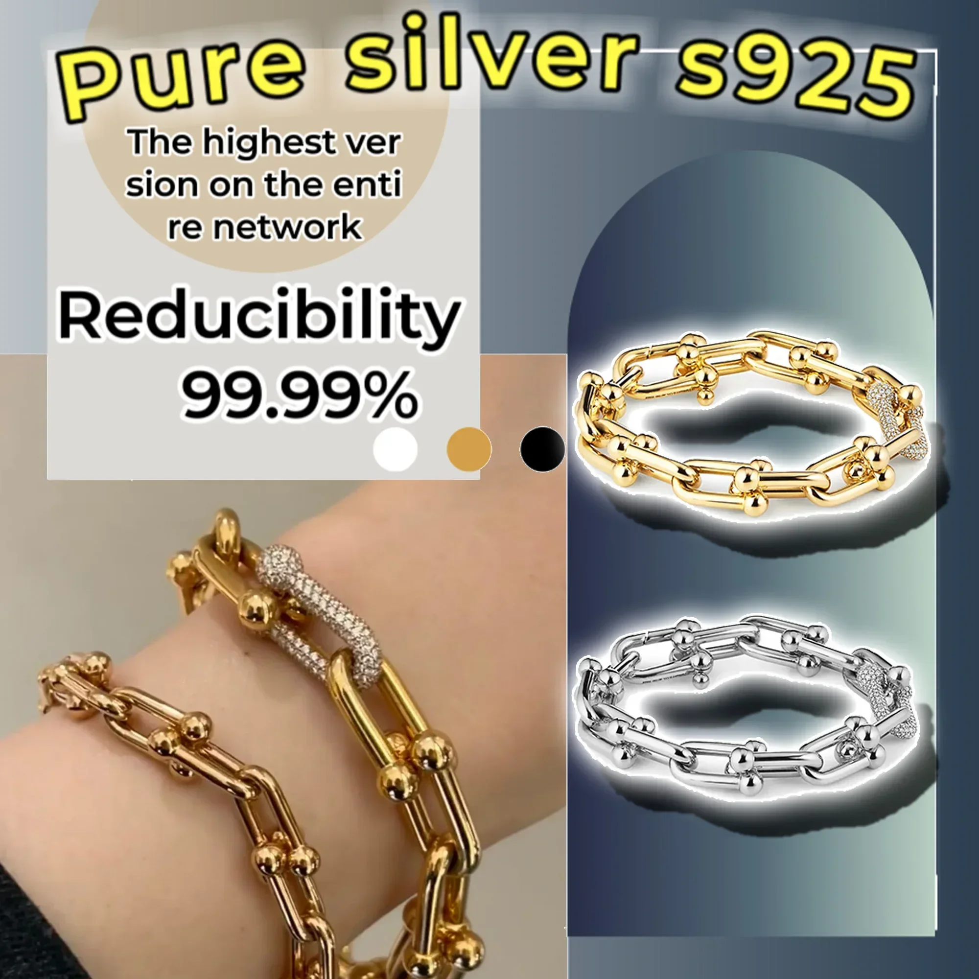 

European and American style layered hip-hop sterling silver s925 diamond studded horseshoe buckle hollow chain neutral bracelet
