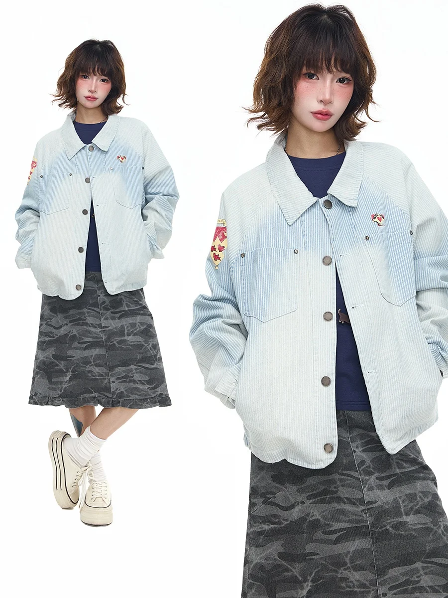 

Sanowers American Retro adient Stripe Flip Collar Denim Jaet Women's Spring Autumn Loose Versatile Jaet Trendy Top