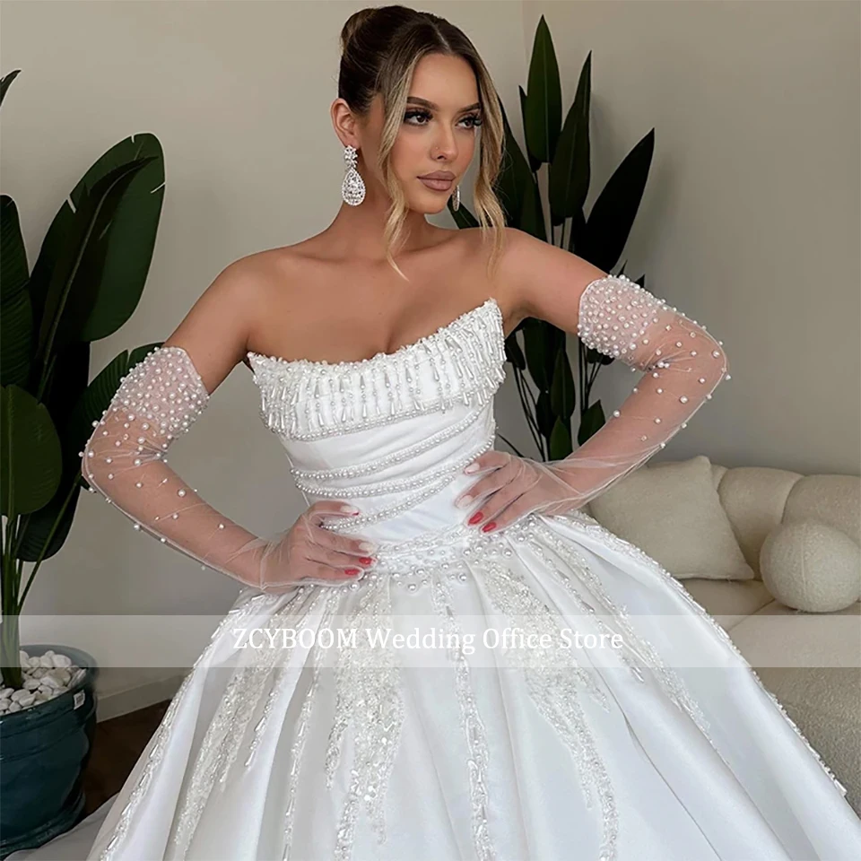 Luxe Parels Kralen Strapless Satijn Trouwjurken 2025, Prinses Baljurk Kant Applicaties Vrouwen Bruidsjurk Vestidos De Novia