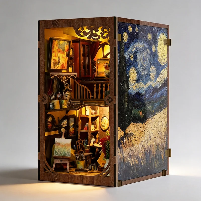 Starry Night Inspired Artist Studio Book Nook Kit Wooden DIY with LED Light Gift for Art Lovers Home Decor